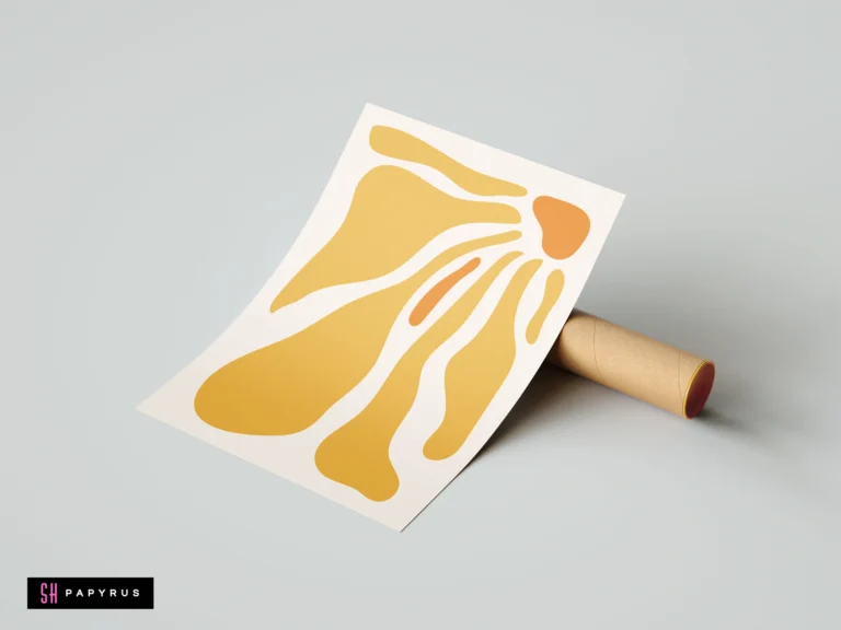 Modern abstract wall art featuring yellow organic sunburst shapes on cream paper, shown with a cardboard shipping tube.