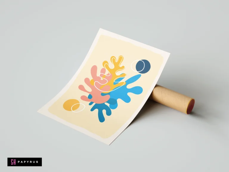 Abstract Matisse-style wall art featuring organic coral leaf shapes in pink, yellow, and blue on a beige background, minimalist modern home decor.