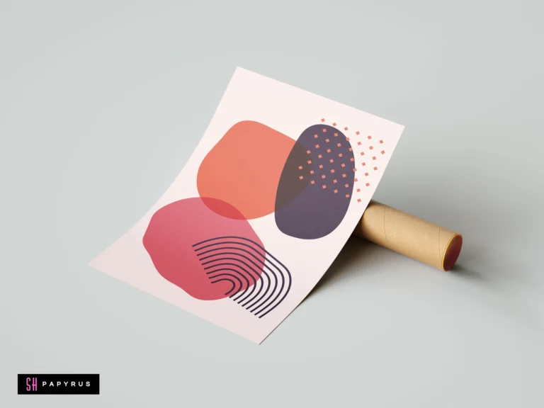 Mid-century modern abstract art print featuring organic terracotta and purple shapes, pink blobs, and minimalist line arches on an off-white background.