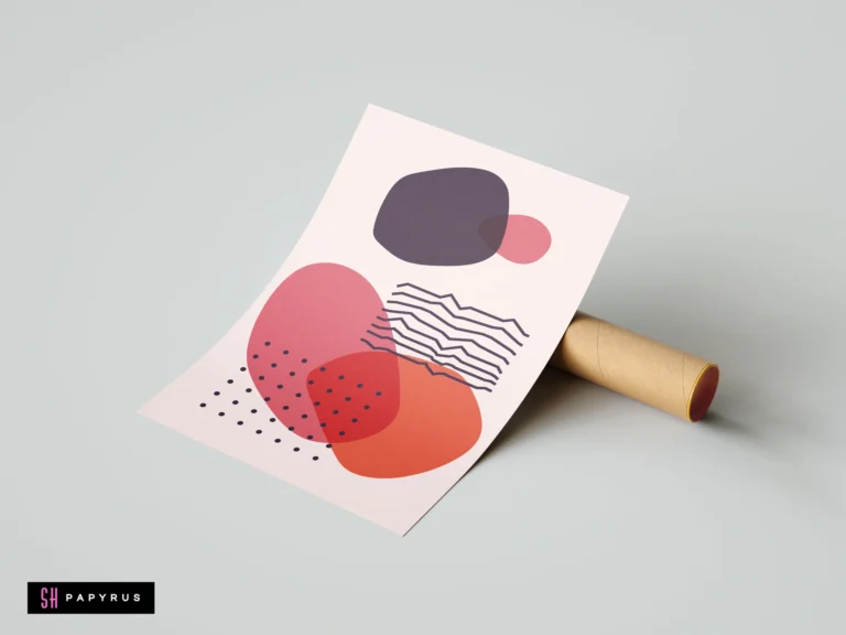 Modern abstract wall art print featuring pink, orange, and purple organic shapes with minimalist black dots and lines on a cream background.
