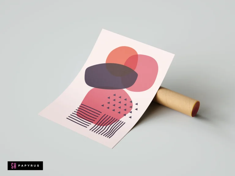 Modern abstract wall art featuring terracotta, pink, and purple overlapping shapes with geometric patterns on a pale pink background for minimalist home decor.