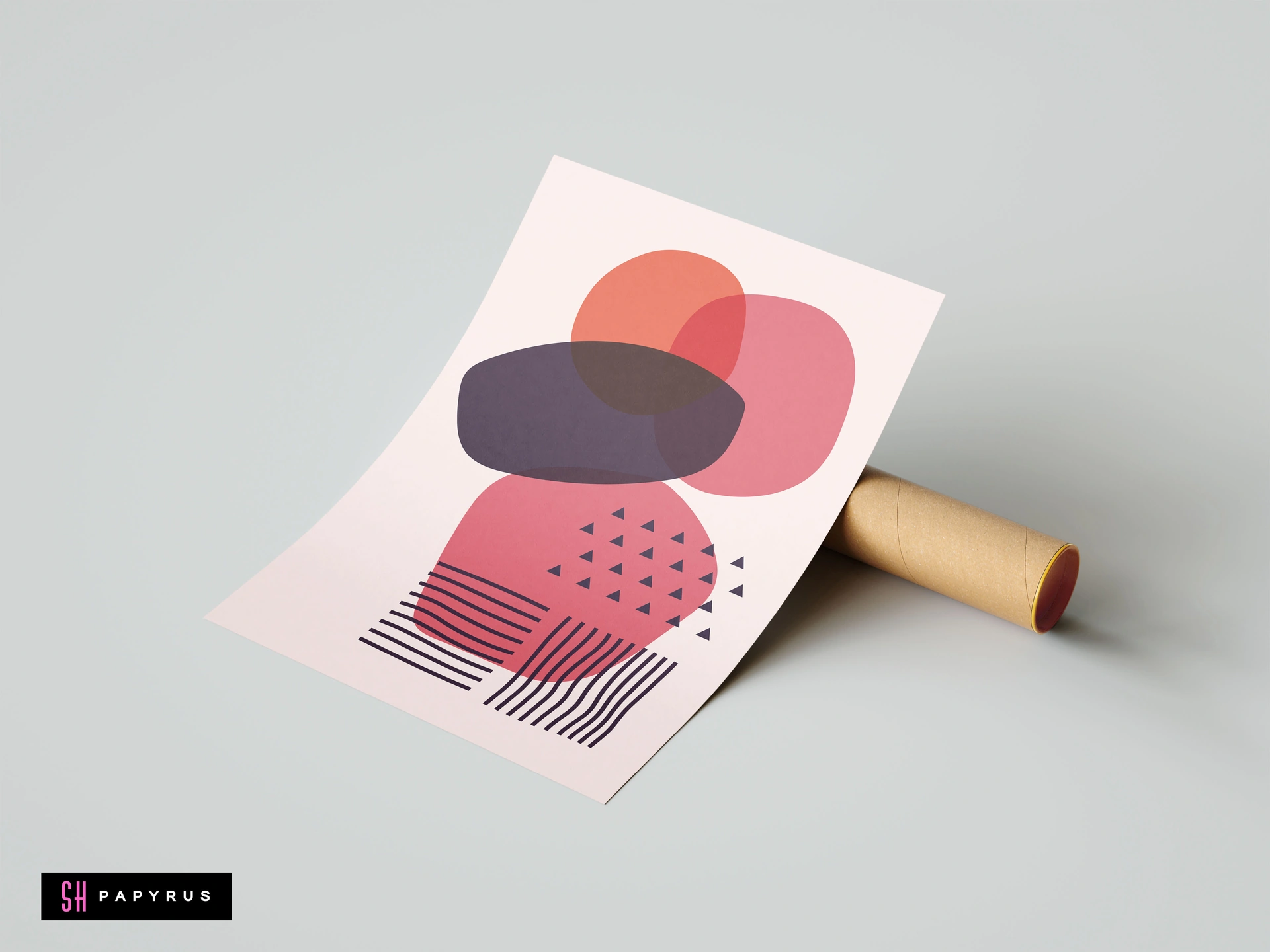 Modern abstract wall art featuring terracotta, pink, and purple overlapping shapes with geometric patterns on a pale pink background for minimalist home decor.