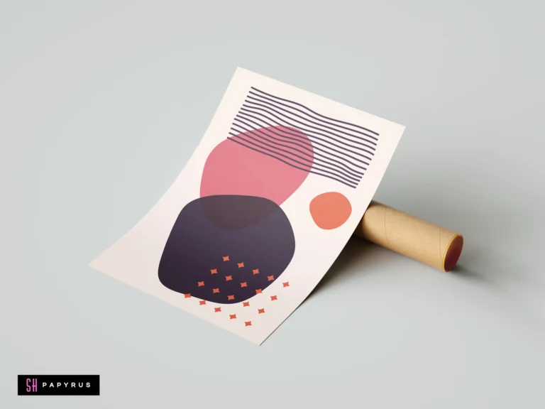 Modern pink and navy abstract geometric wall art print with organic shapes, black stripes, and star patterns on a minimalist white background.