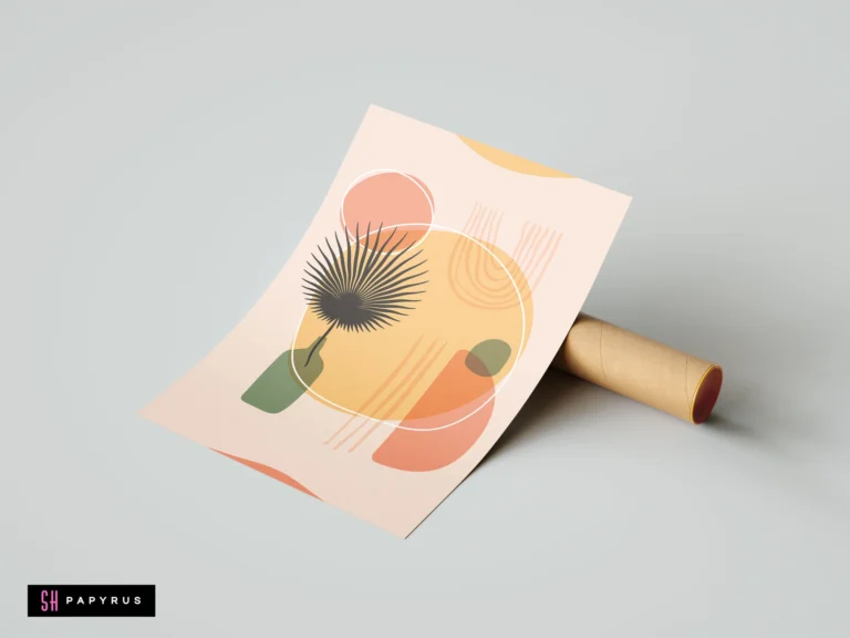 Boho minimalist palm leaf abstract art print with terracotta, yellow, and green shapes on a beige background, leaning against a cardboard mailing tube.