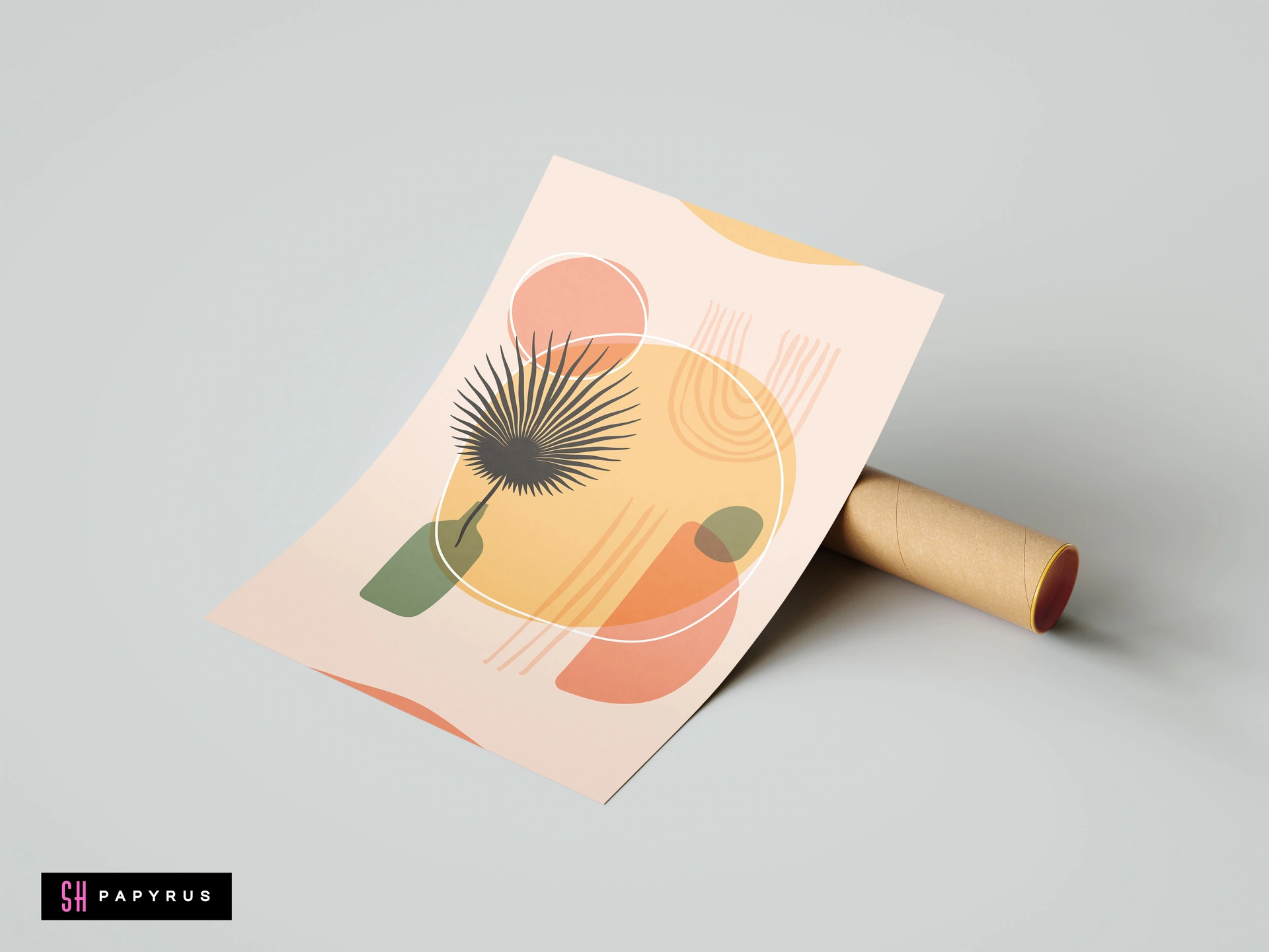 Boho minimalist palm leaf abstract art print with terracotta, yellow, and green shapes on a beige background, leaning against a cardboard mailing tube.