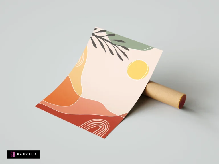 Modern abstract boho landscape wall art print featuring earthy terracotta, sage, and mustard tones with botanical leaves and minimalist geometric shapes.