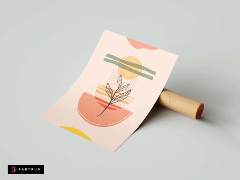 Minimalist boho botanical wall art featuring a black leaf sketch with abstract terracotta, sage green, and mustard shapes on a soft peach background.