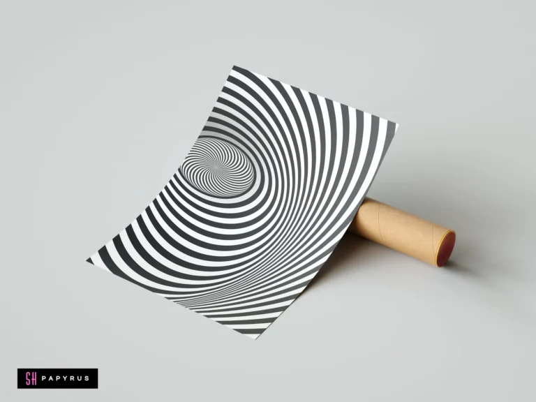 Hypnotic black and white spiral vortex art print. Modern minimalist optical illusion wall decor shown on a mailing tube against a grey backdrop.