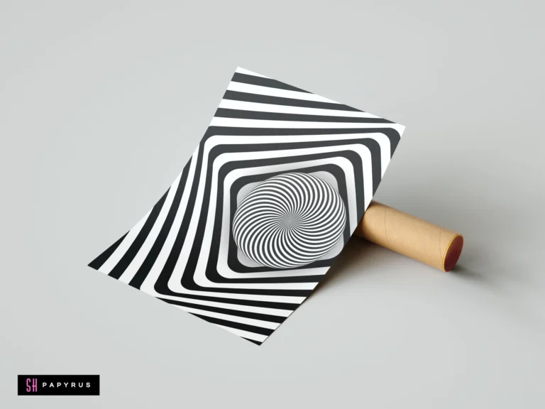 Black and white modern wall art print featuring a hypnotic spiral sphere optical illusion with warped geometric lines, leaning on a cardboard tube.