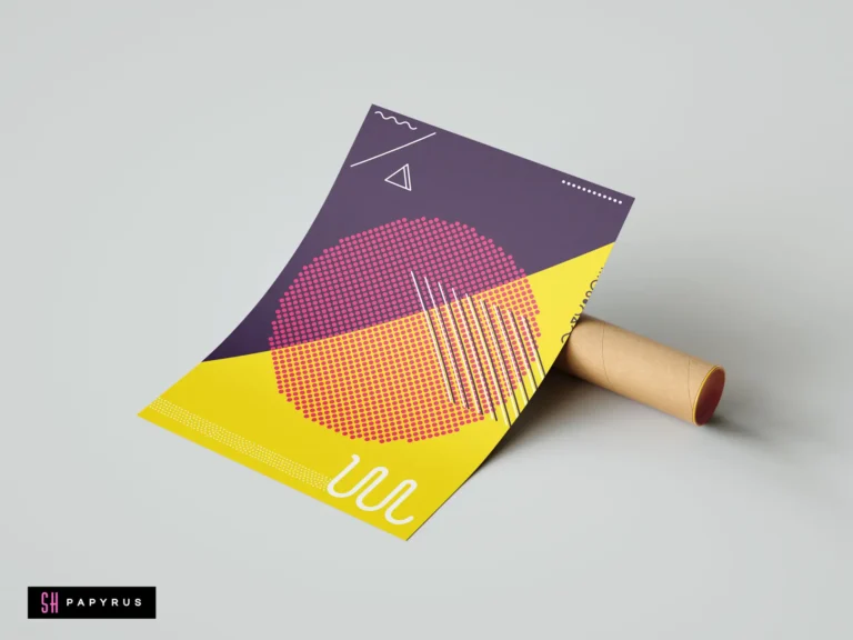 Modern abstract geometric wall art featuring purple and yellow blocks, a red halftone circle, and Memphis-style white lines resting on a cardboard tube.