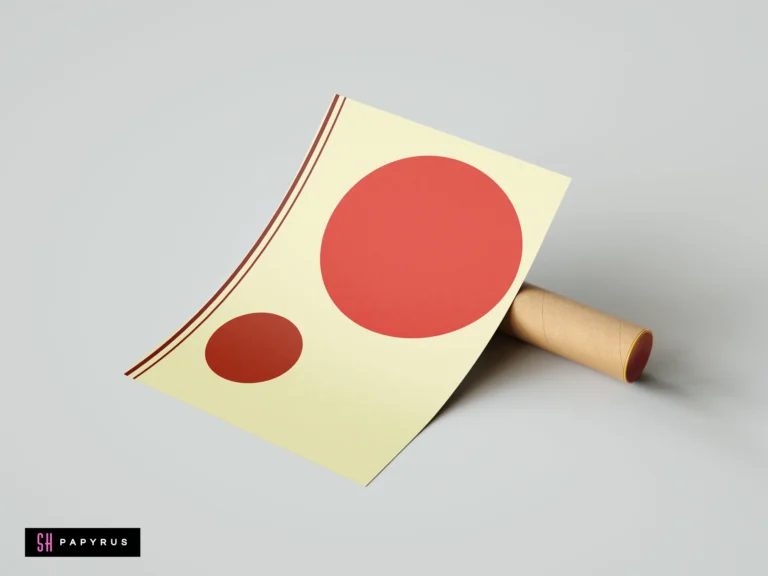 Modern minimalist art print with red geometric circles and curved lines on a cream background, shown propped against a cardboard shipping tube.