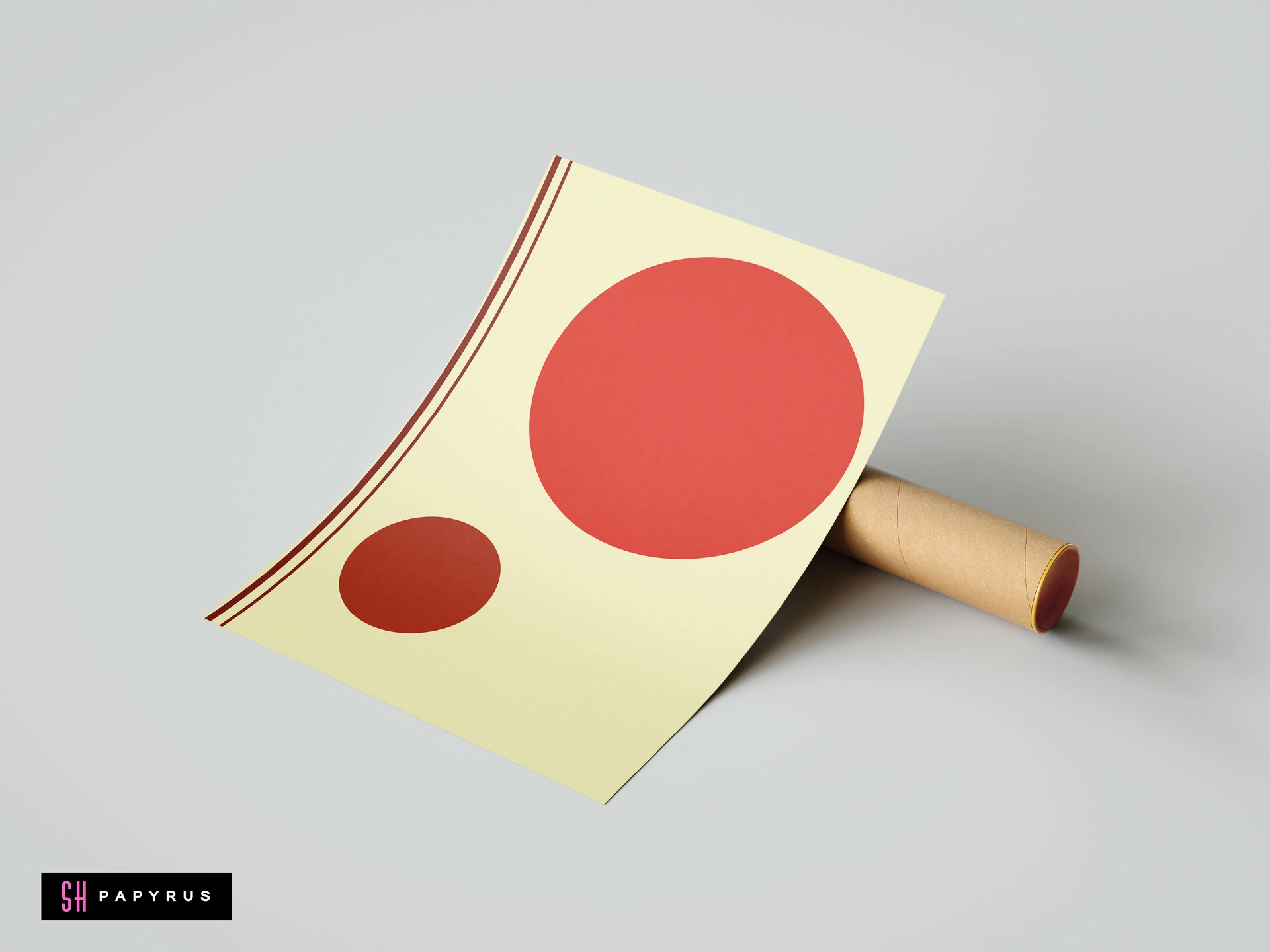 Modern minimalist art print with red geometric circles and curved lines on a cream background, shown propped against a cardboard shipping tube.