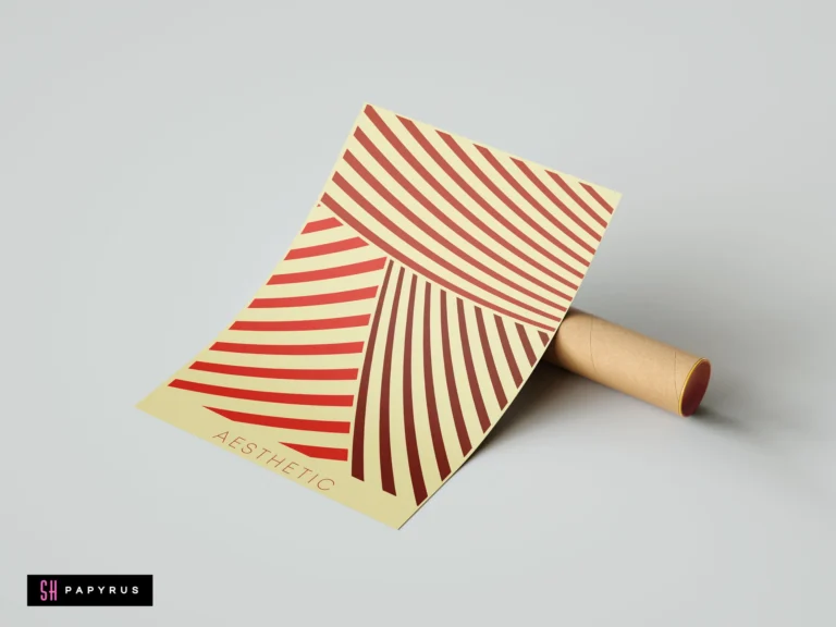 Minimalist geometric wall art print with red and brown curved lines on cream background, leaning on a cardboard mailing tube for modern home decor.
