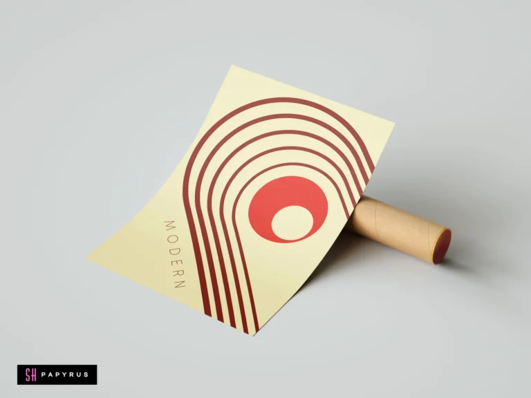 Retro mid-century modern wall art print with abstract geometric arched lines and red sun on cream background, leaning against a cardboard shipping tube.