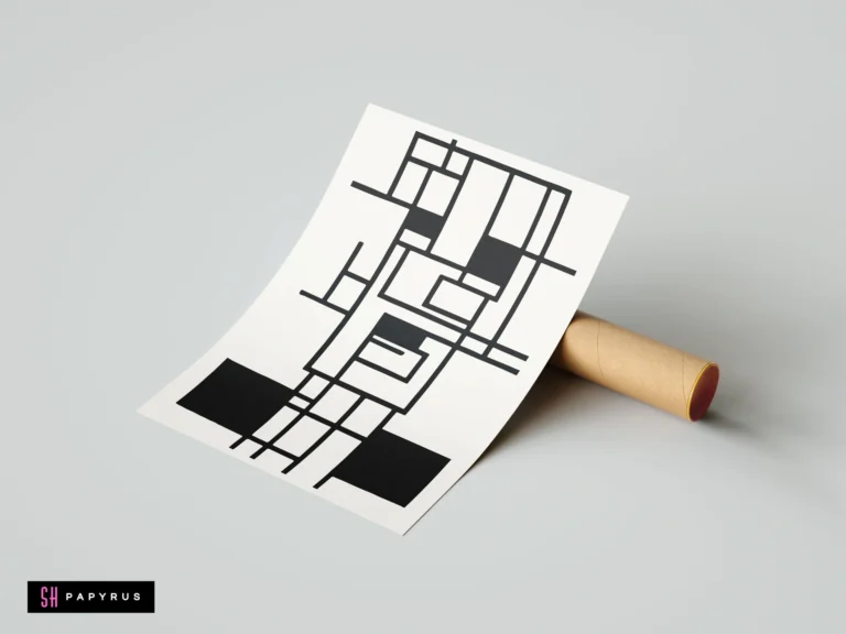 Abstract geometric black and white wall art print featuring minimalist grid lines and blocks, shown resting on a cardboard shipping tube.