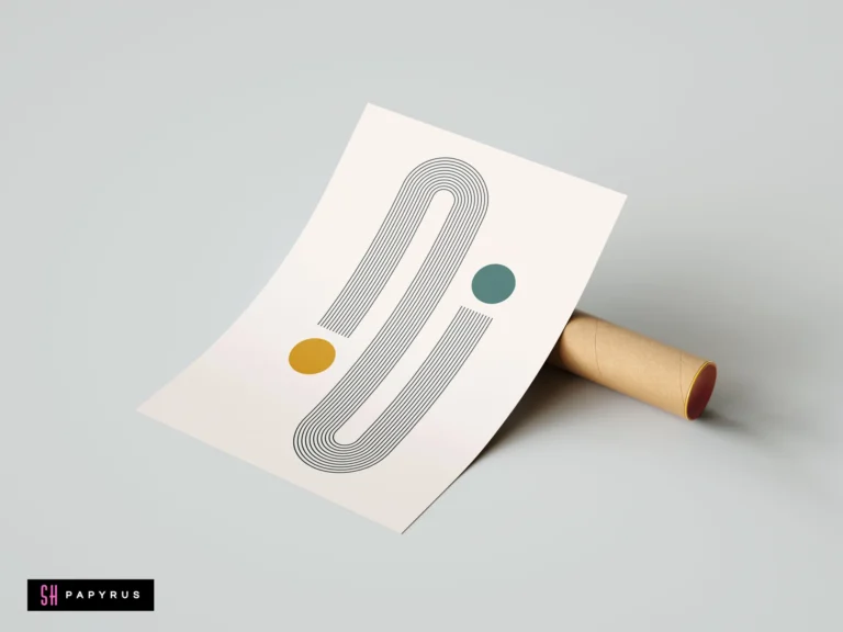 Minimalist mid-century modern poster featuring black arching lines, a mustard yellow circle, and a teal circle on an off-white background.