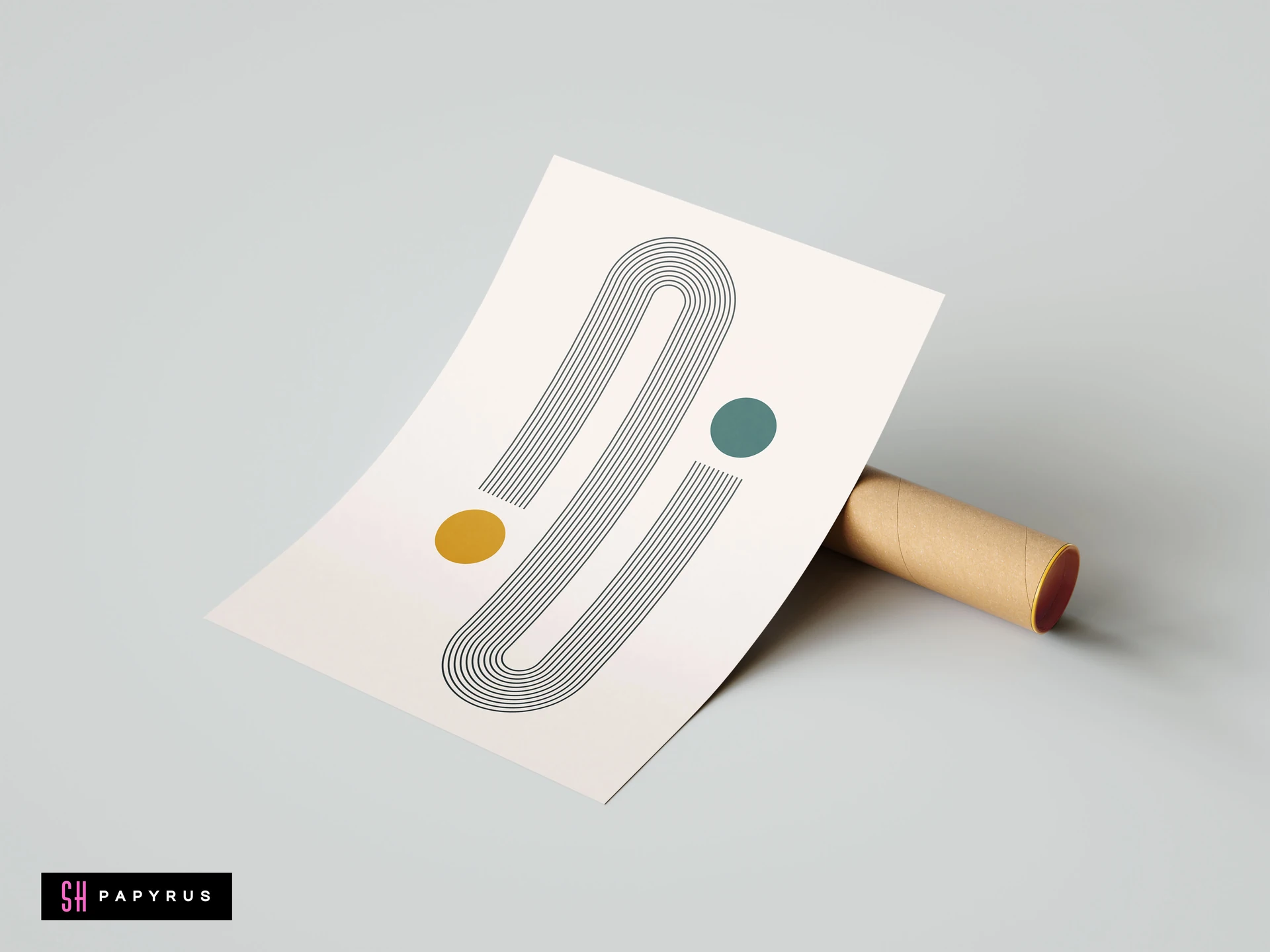 Minimalist mid-century modern poster featuring black arching lines, a mustard yellow circle, and a teal circle on an off-white background.