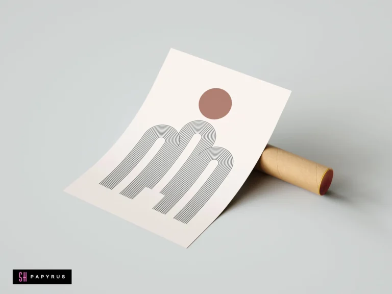 Minimalist boho wall art print featuring a terracotta sun and grey abstract arches on off-white paper, displayed next to a cardboard shipping tube.