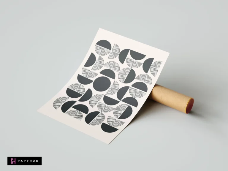 Modern Bauhaus geometric wall art poster with black abstract circles on beige background, displayed resting on a cardboard mailing tube.