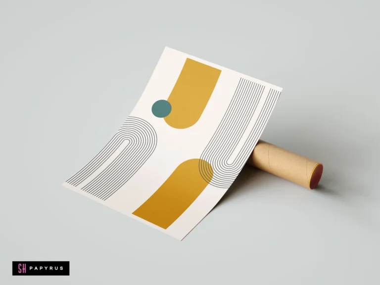 Mid-century modern abstract wall art print featuring mustard yellow arches, black geometric line patterns, and a teal circle on a cream background.