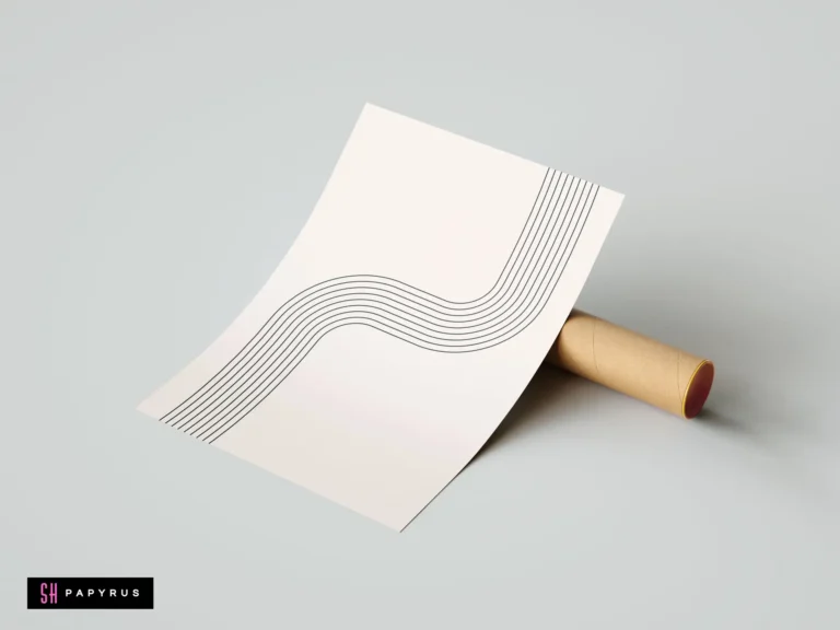 Minimalist abstract poster featuring black parallel wavy lines on cream background, displayed with a brown cardboard shipping tube on a neutral grey surface.