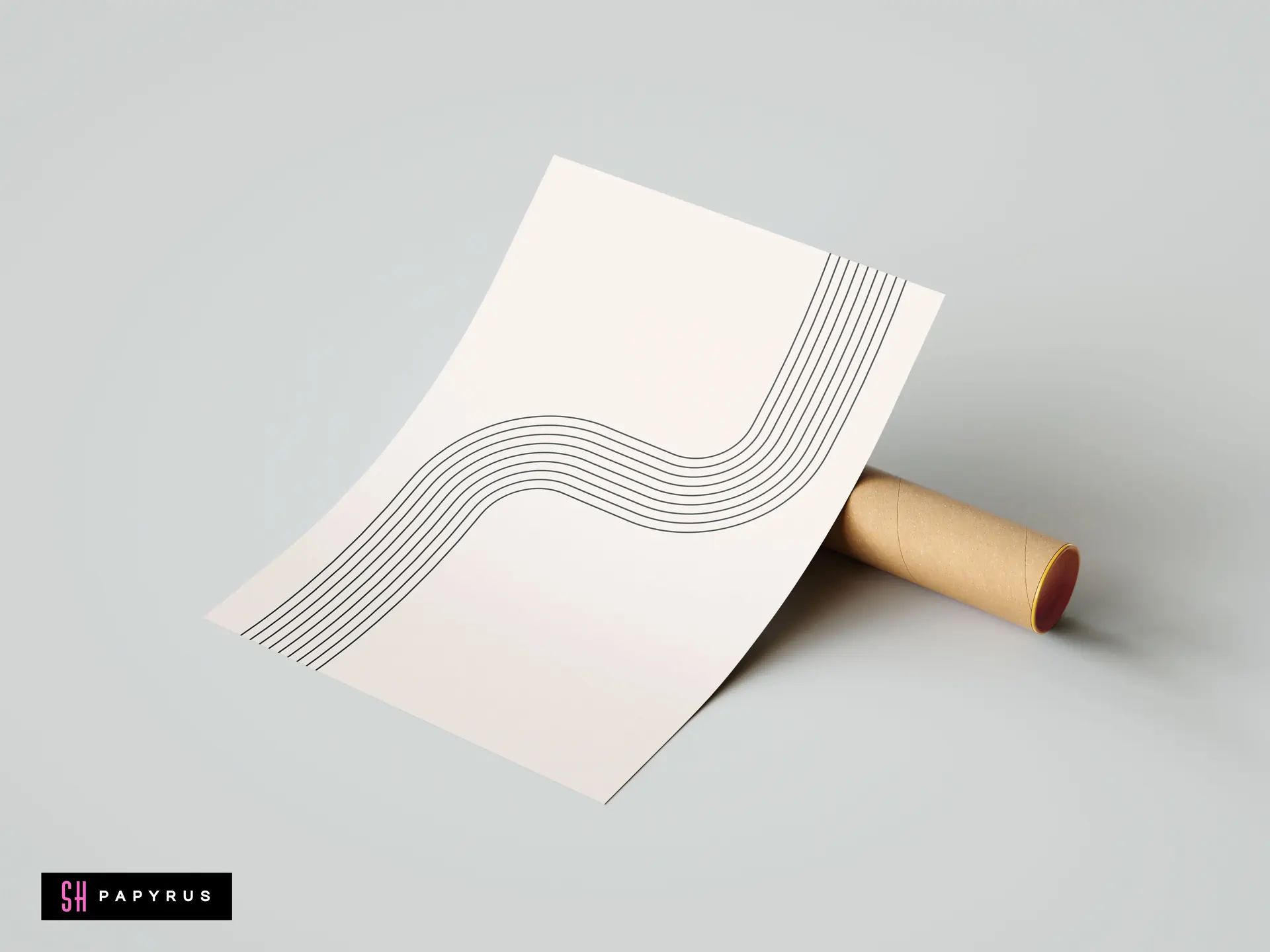 Minimalist abstract poster featuring black parallel wavy lines on cream background, displayed with a brown cardboard shipping tube on a neutral grey surface.