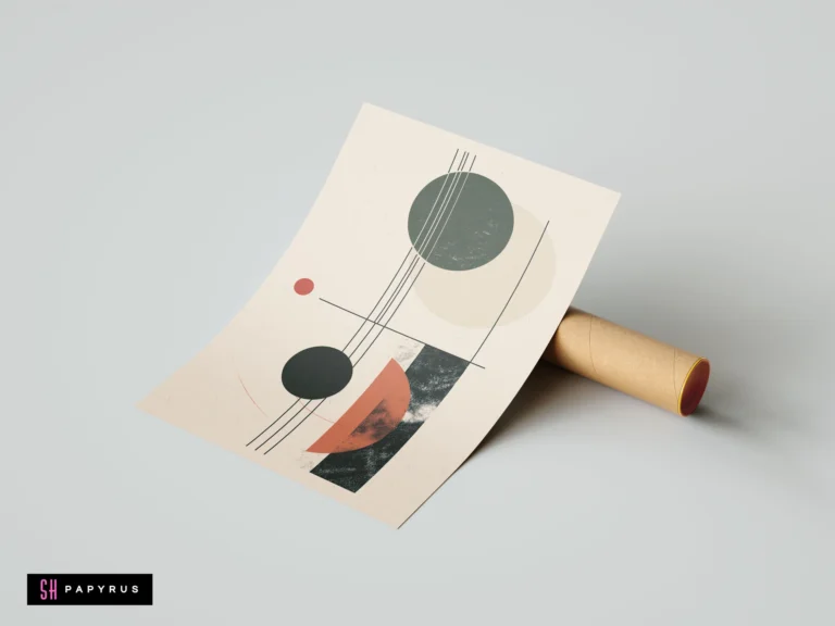 Minimalist Bauhaus geometric wall art print on cream paper, featuring abstract circles, lines, and shapes in muted green, terracotta, and black tones.