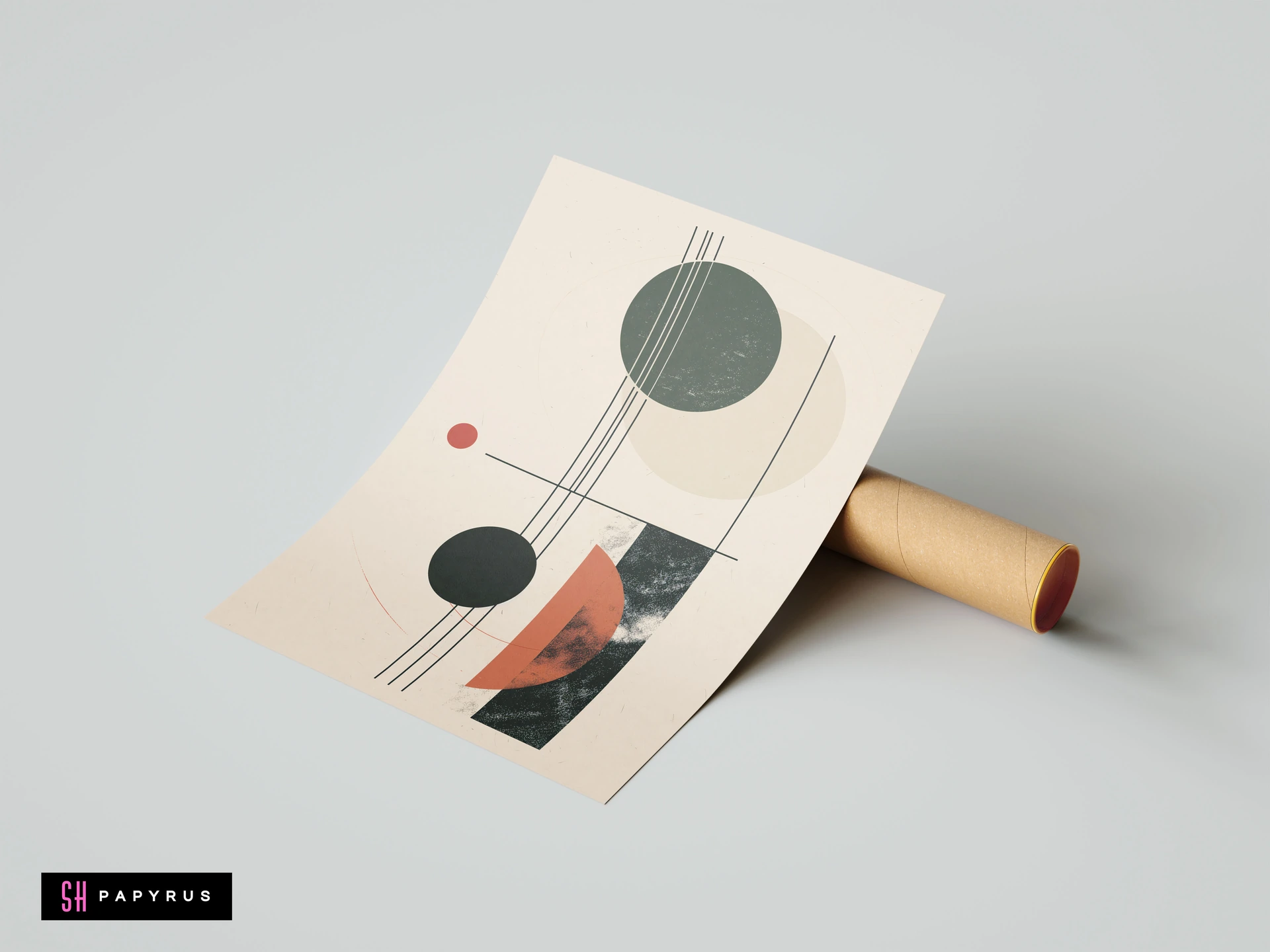 Minimalist Bauhaus geometric wall art print on cream paper, featuring abstract circles, lines, and shapes in muted green, terracotta, and black tones.
