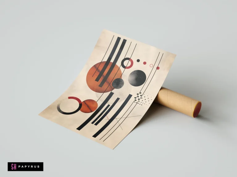 Modern Bauhaus geometric art print featuring burnt orange circles and black lines on beige paper, resting on a cardboard shipping tube.