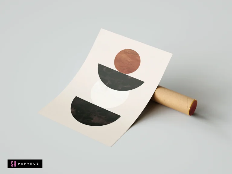 Minimalist boho wall art print featuring abstract geometric shapes in terracotta, black, and white on a cream background.