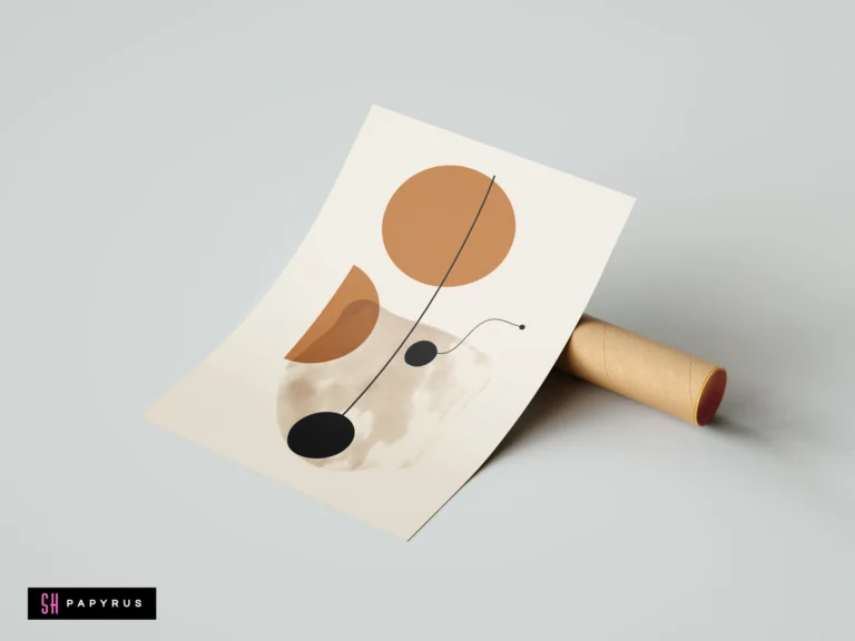 Terracotta and black boho abstract geometric shapes on a minimalist beige poster print, featuring circles and thin lines in a modern mid-century style.