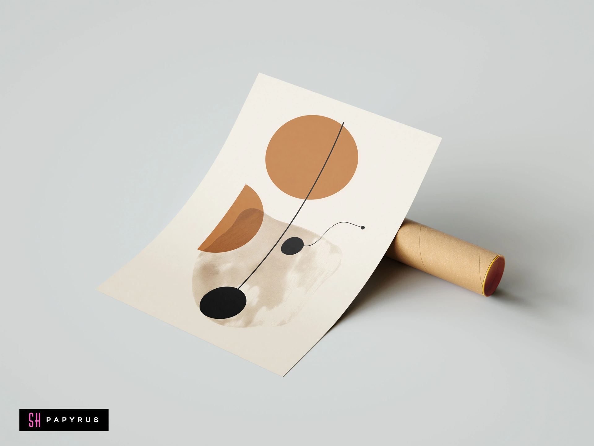 Terracotta and black boho abstract geometric shapes on a minimalist beige poster print, featuring circles and thin lines in a modern mid-century style.