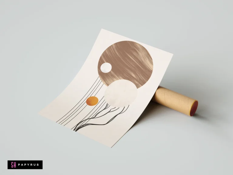 Modern earthy wall art print featuring abstract geometric circles in brown, beige, and orange with minimalist black line art on cream paper.