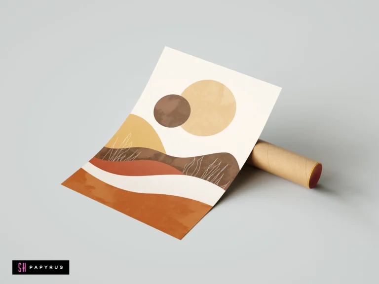 Abstract boho desert landscape wall art featuring terracotta, ochre, and brown wavy hills with sun circles in a minimalist, modern earth-tone style.