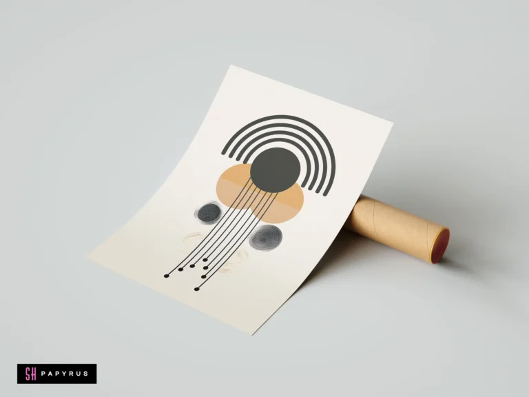 Minimalist mid-century modern abstract print with black geometric arches, circles, and lines, featuring earthy tan shapes on a cream background.