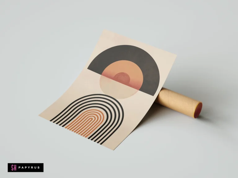 Mid-century modern wall art print with terracotta sun and black minimalist geometric arches on a beige background, showcasing a boho aesthetic.