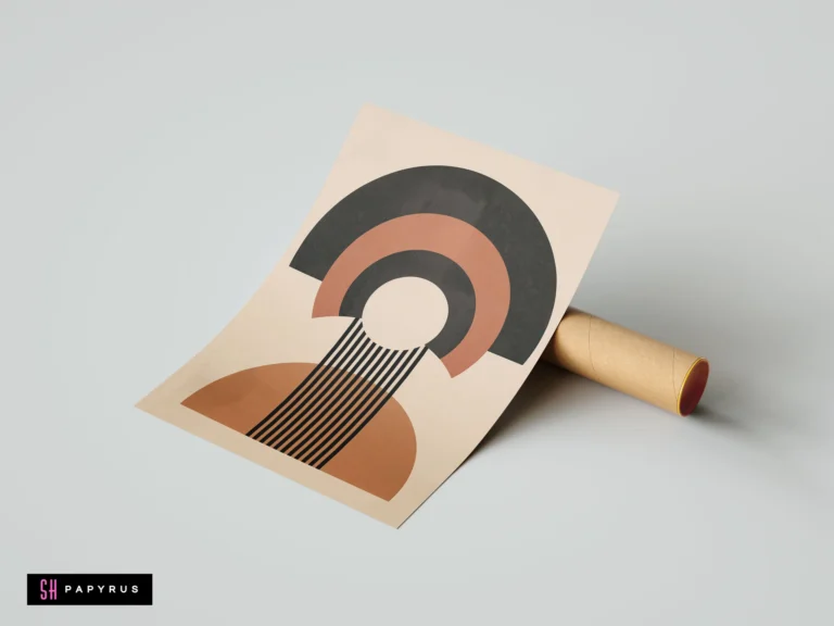 Boho mid-century modern abstract geometric wall art featuring terracotta and black semi-circles and lines on a beige background, shown with a mailing tube.