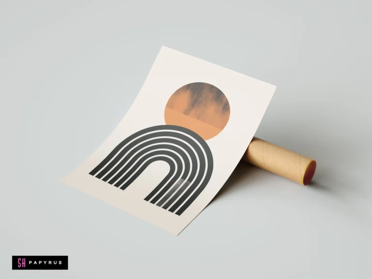Minimalist mid-century modern wall art print with black striped arches and a terracotta sun on a cream background, resting against a cardboard mailing tube.