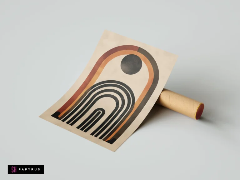 Abstract boho wall art print featuring terracotta and black minimalist rainbow arches with a sun design on a cream background.