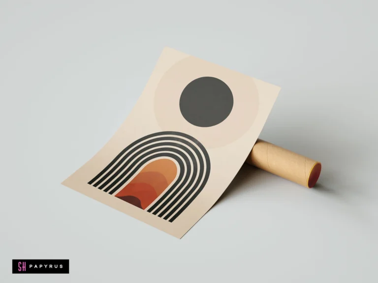 Abstract mid-century modern boho wall art featuring terracotta arches and a charcoal sun on beige paper, shown with a cardboard shipping tube.