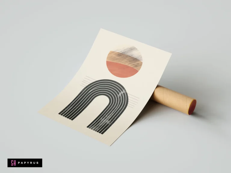 Mid-century modern minimalist wall art print with a terracotta sun and black striped arch on cream paper, leaning against a cardboard mailing tube.