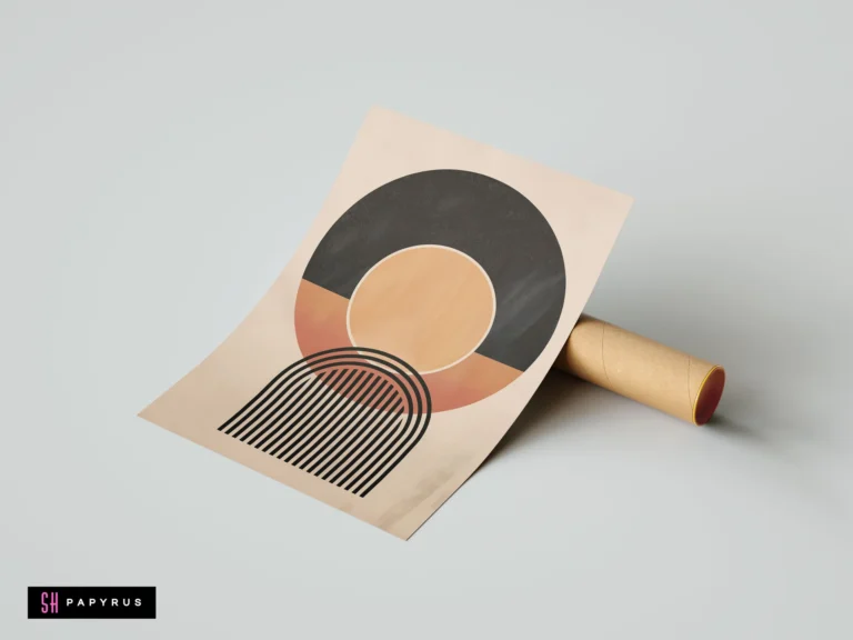Minimalist boho wall art print featuring geometric sun, black and terracotta circles, and a linear arc design on a neutral beige background.