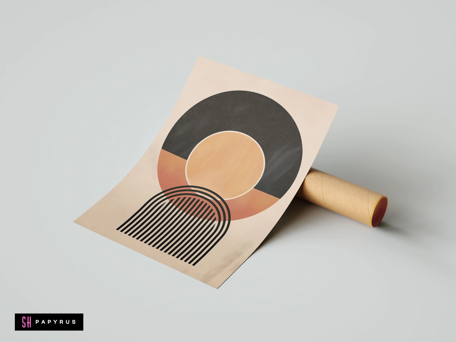 Minimalist boho wall art print featuring geometric sun, black and terracotta circles, and a linear arc design on a neutral beige background.
