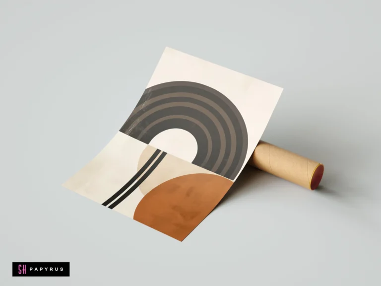 Mid-century modern wall art print featuring abstract geometric arches and circles in terracotta, grey, and cream, displayed with a mailing tube.