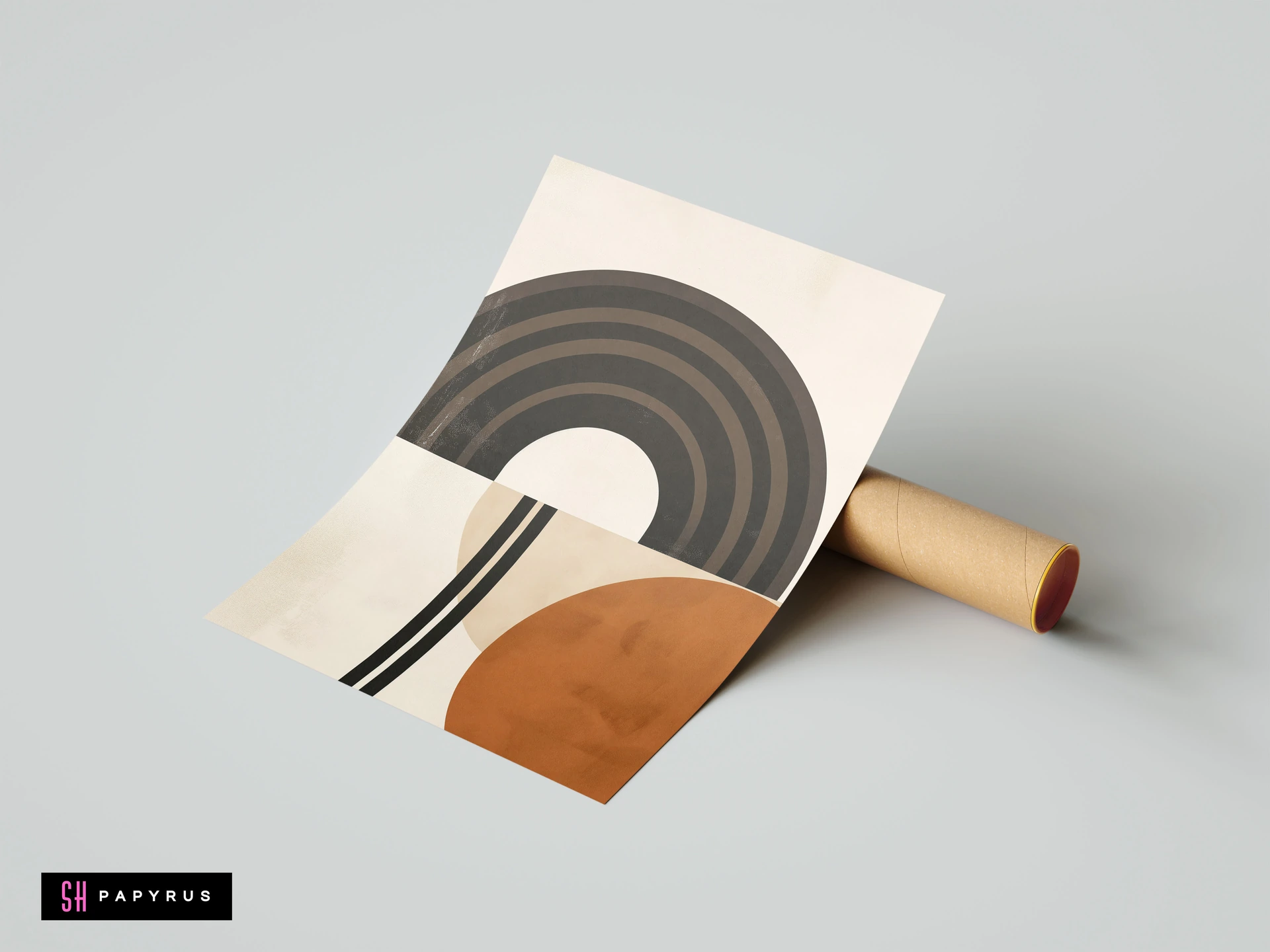 Mid-century modern wall art print featuring abstract geometric arches and circles in terracotta, grey, and cream, displayed with a mailing tube.