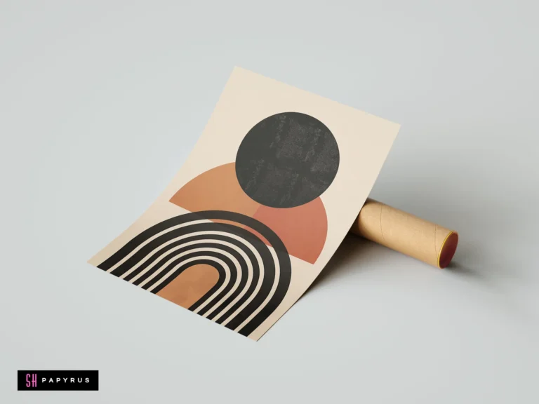 Mid-century boho art print featuring terracotta and black geometric sun, moon, and rainbow arch shapes on a neutral cream background.