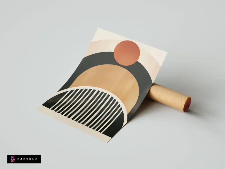 Modern boho abstract wall art print featuring geometric terracotta sun and earthy arches in ochre, charcoal, and cream mid-century minimalist style.