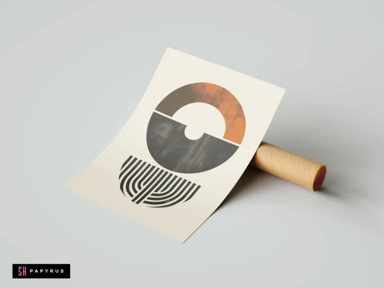 Mid-century modern abstract poster featuring geometric circles and curved lines in terracotta, charcoal, and beige. Minimalist wall art print for contemporary home decor.