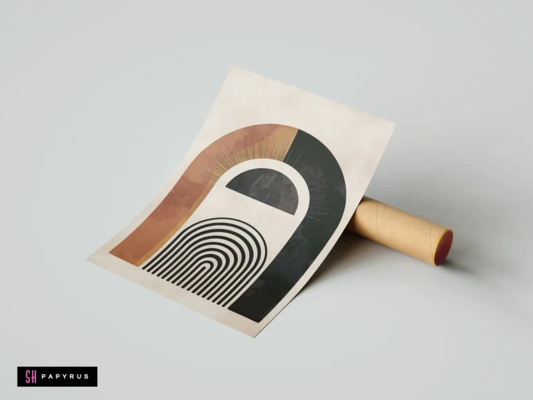 Minimalist boho wall art print featuring a geometric terracotta and black arch design with sunburst details on an off-white background.