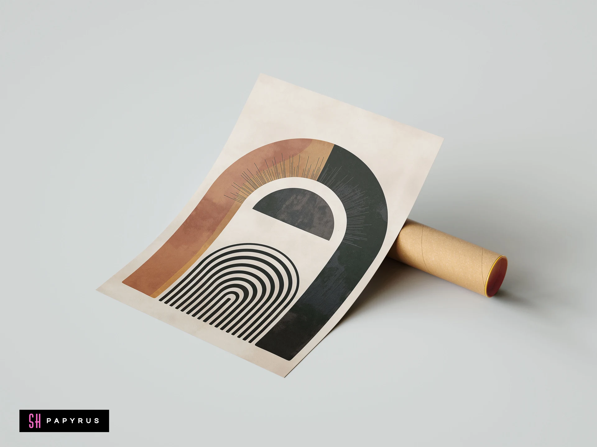 Minimalist boho wall art print featuring a geometric terracotta and black arch design with sunburst details on an off-white background.